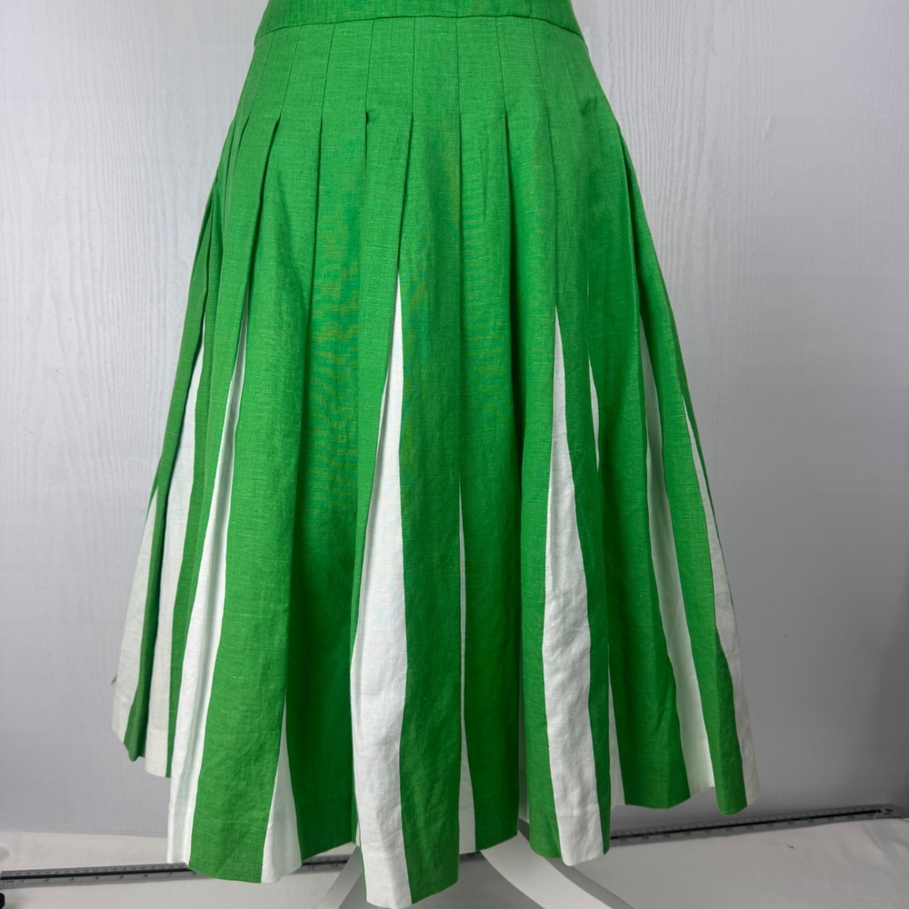 Boden Matilda Retro‎ Pleated Green White Women Linen Blend Dress Size 4L - Picture 3 of 14